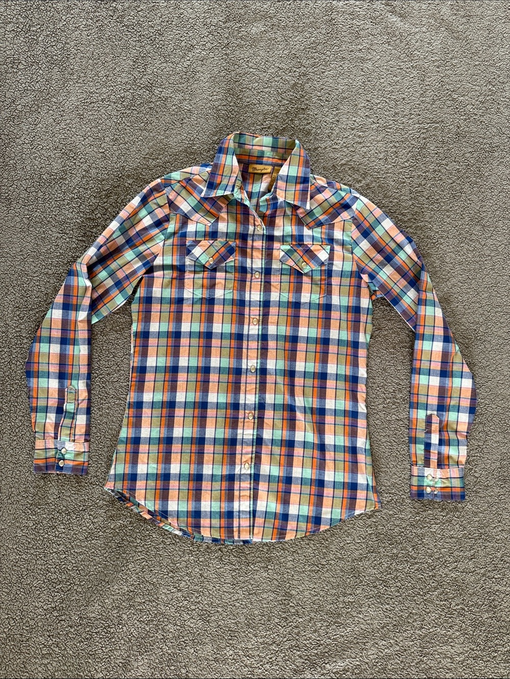 Wrangler Plaid Western Button-Up Shirt - Blue, Orange & White